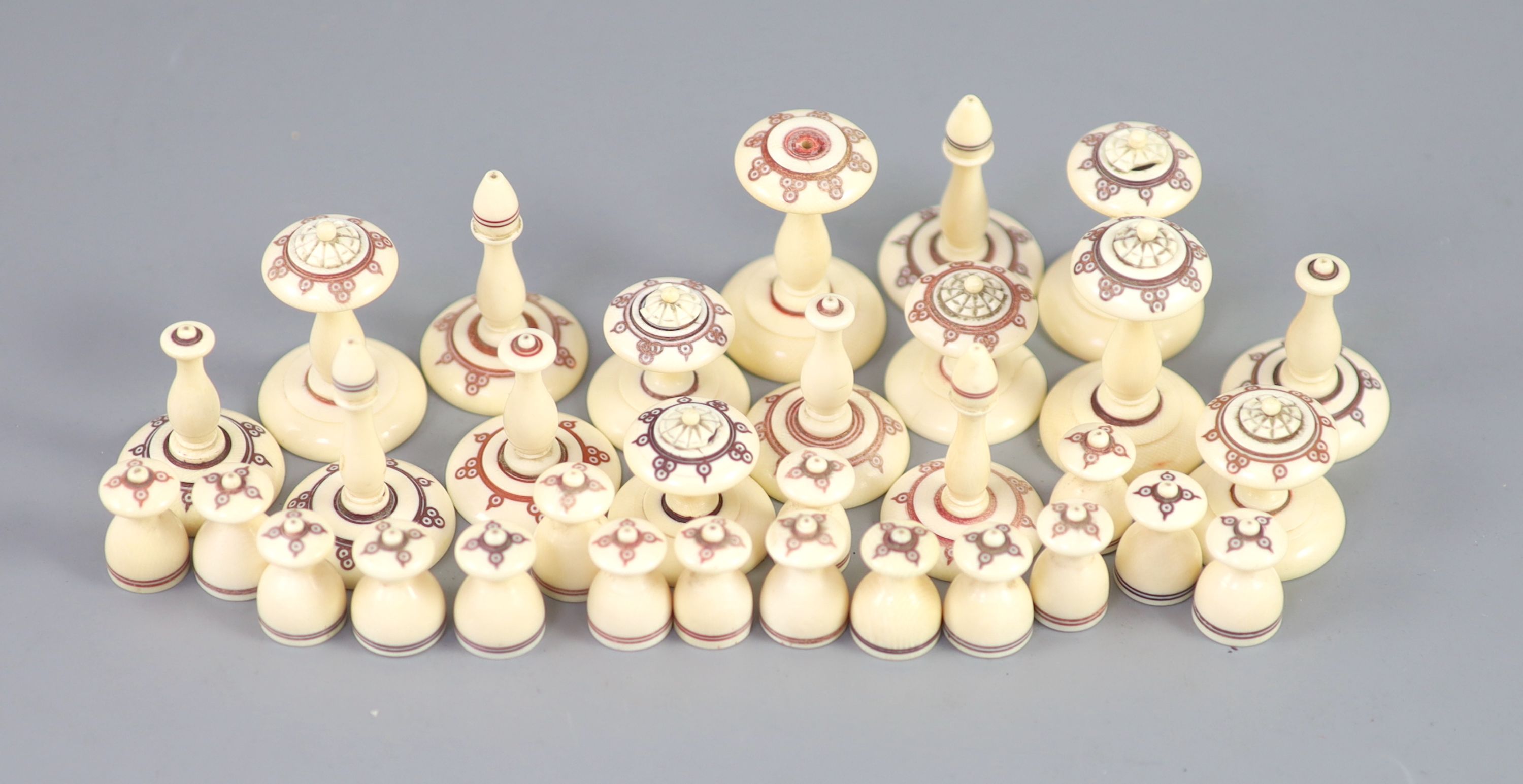 A 19th century Muslim ivory chess set, kings 2in.